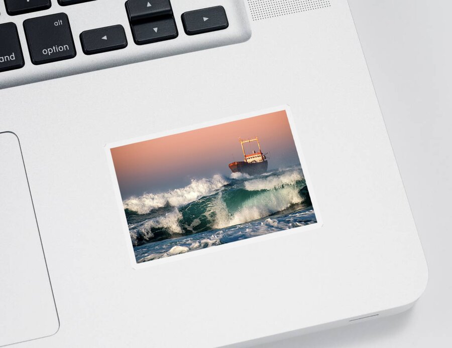 Sea Sticker featuring the photograph Abandoned Ship and the stormy waves by Michalakis Ppalis