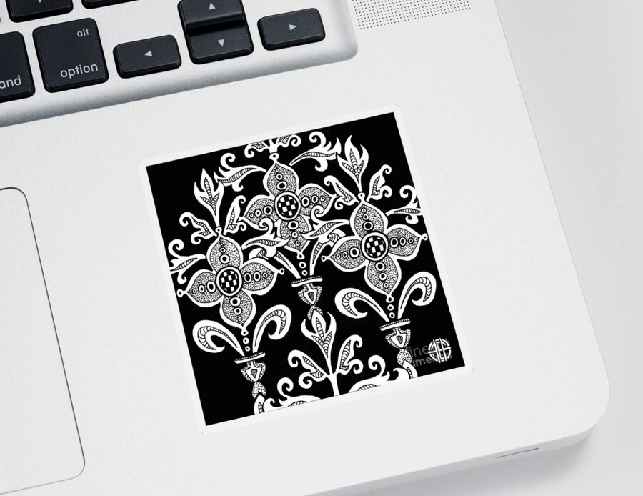 Boho Sticker featuring the drawing Alien Bloom 21 Black and White by Amy E Fraser