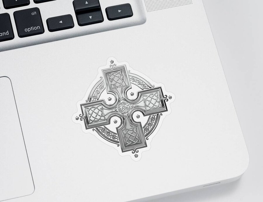 ‘celtic Treasures’ Collection By Serge Averbukh Sticker featuring the digital art Ancient Silver Celtic Knot Cross over Red Velvet by Serge Averbukh