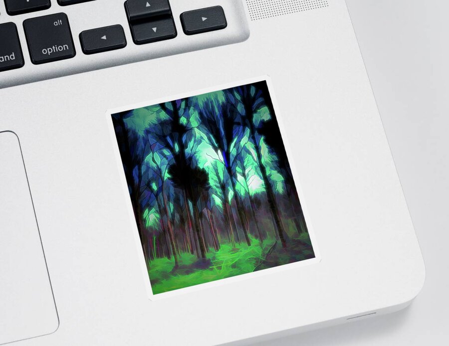 Abstract Sticker featuring the digital art Another World - Forest by Scott Lyons