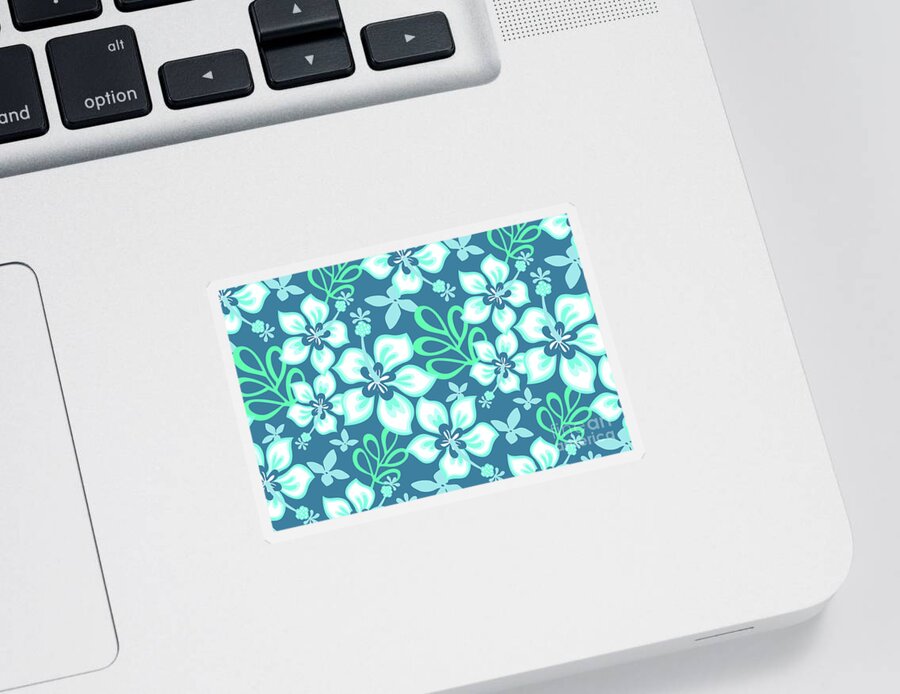 Botanical Sticker featuring the digital art Aqua and White Hawaiian Hibiscus Flower Bloom Pattern on Blue by PIPA Fine Art - Simply Solid