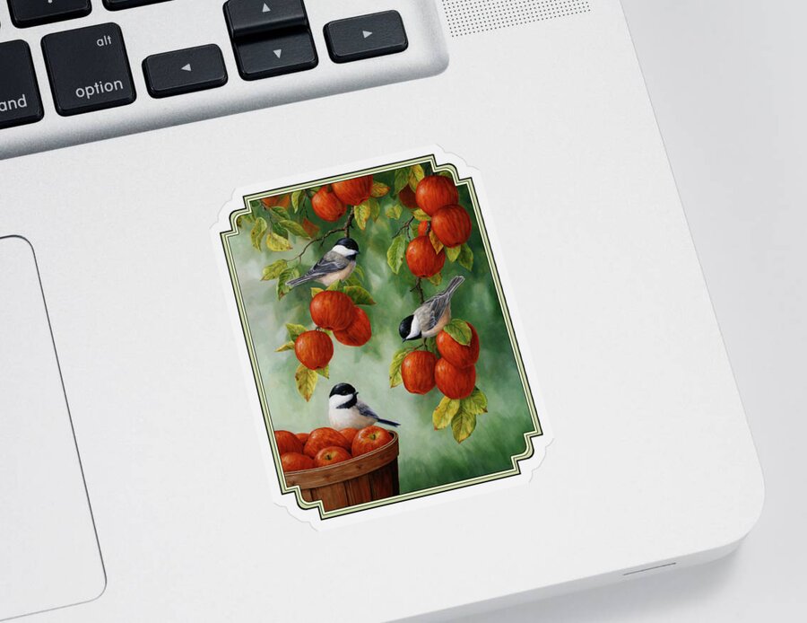 Birds Sticker featuring the painting Bird Painting - Apple Harvest Chickadees by Crista Forest