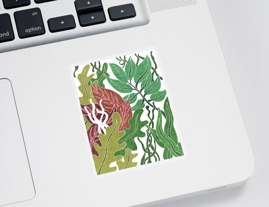 Leaf Sticker featuring the mixed media Assortment of Leaves 1 - Exotic Boho Leaf Pattern - Colorful, Modern, Tropical Art - Green, Red by Studio Grafiikka