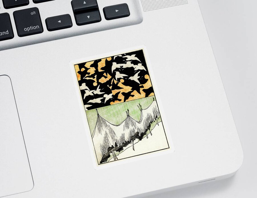 Watanabe Seitei Sticker featuring the painting Birds and Net - Japanese traditional pattern design by Watanabe Seitei