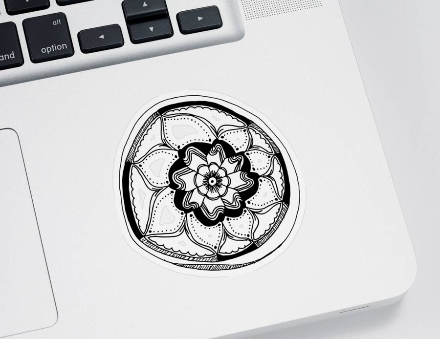 Ink Drawing Sticker featuring the drawing Black Flower Mandala by Lisa Blake