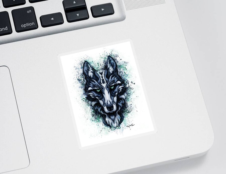Blue Wolf Sticker featuring the painting Animal abstract painting, Blue wolf by Nadia CHEVREL