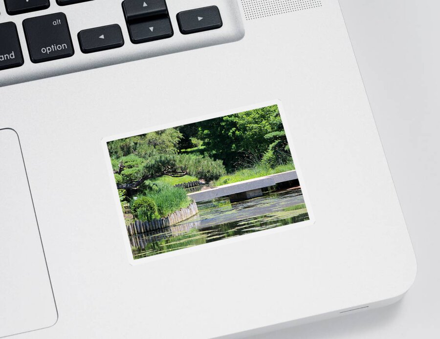 Platform Bridge Sticker featuring the photograph Bridge Over Pond in Japanese Garden by Colleen Cornelius
