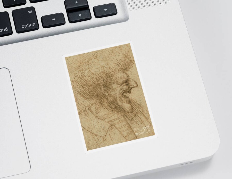 Leonardo Da Vinci Sticker featuring the drawing Caricature of a Man with Bushy Hair by Leonardo Da Vinci
