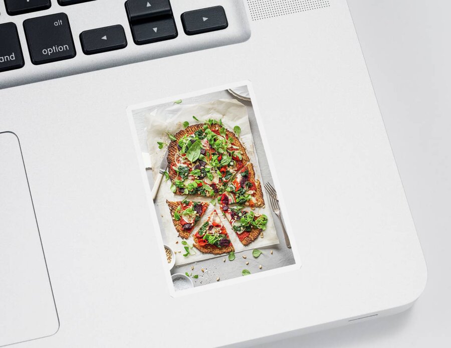 Ip_12365488 Sticker featuring the photograph Cauliflower Pizza With Goat's Cheese, Roasted Beetroot, Spinach And Pine Nuts by Magdalena Hendey