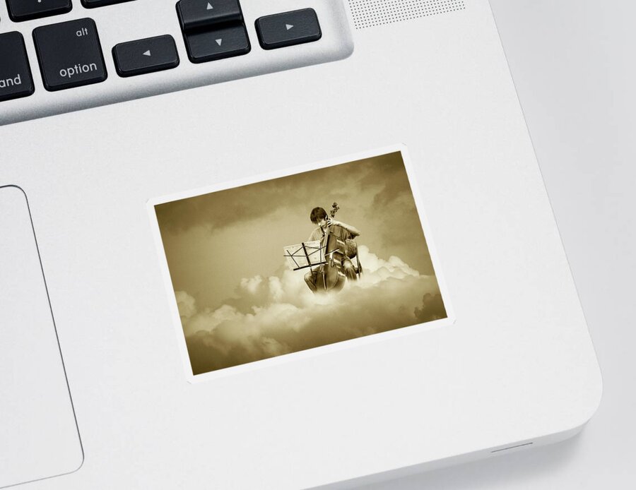 Music Sticker featuring the photograph Cello Player Playing on Cloud Nine in Sepia Tone by Randall Nyhof