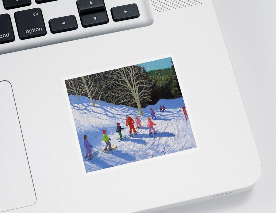 White Sticker featuring the painting Childrens ski lesson, Courchevel to La Tania by Andrew Macara