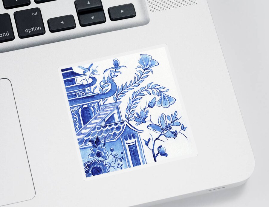 Chinoiserie Sticker featuring the painting Chinoiserie Blue and White Pagoda Floral 1 by Audrey Jeanne Roberts