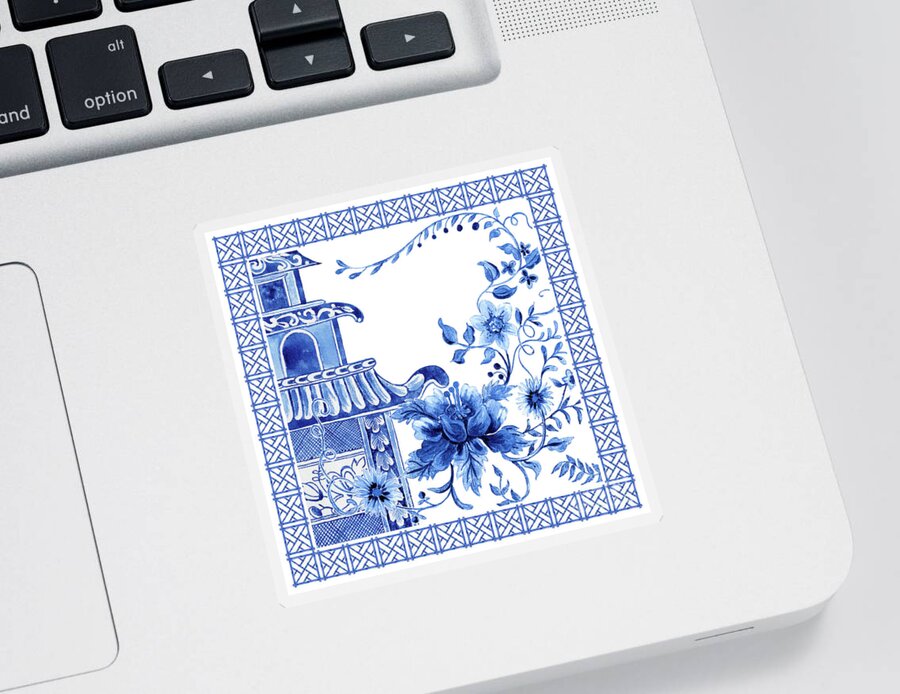 Chinese Sticker featuring the painting Chinoiserie Blue and White Pagoda with Stylized Flowers and Chinese Chippendale Border by Audrey Jeanne Roberts