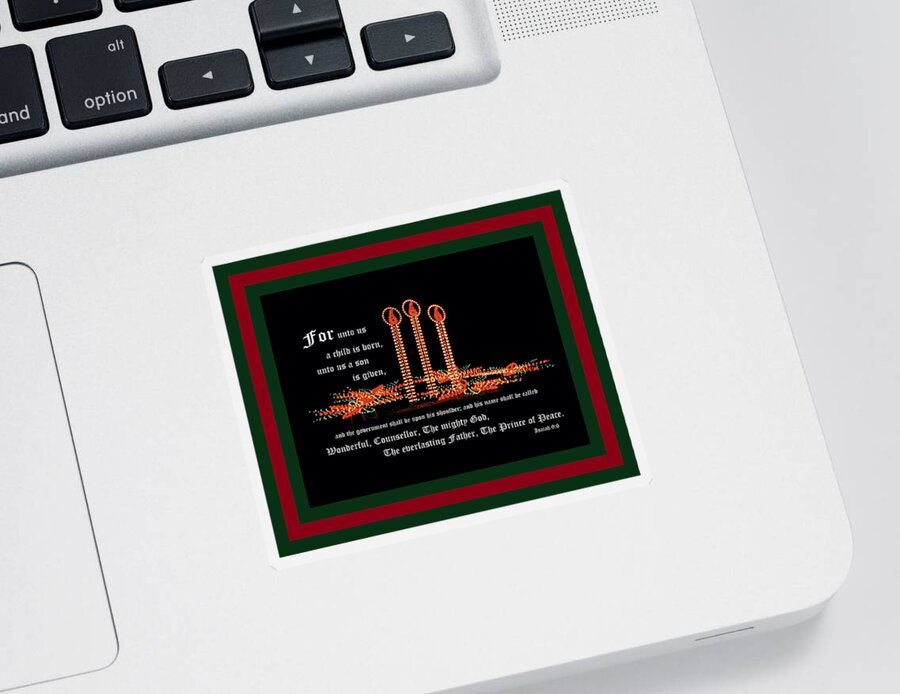 Christmas Candles Sticker featuring the photograph Christmas Candles with Isaiah 9 vs 6 with Red Green Border by Mike McBrayer