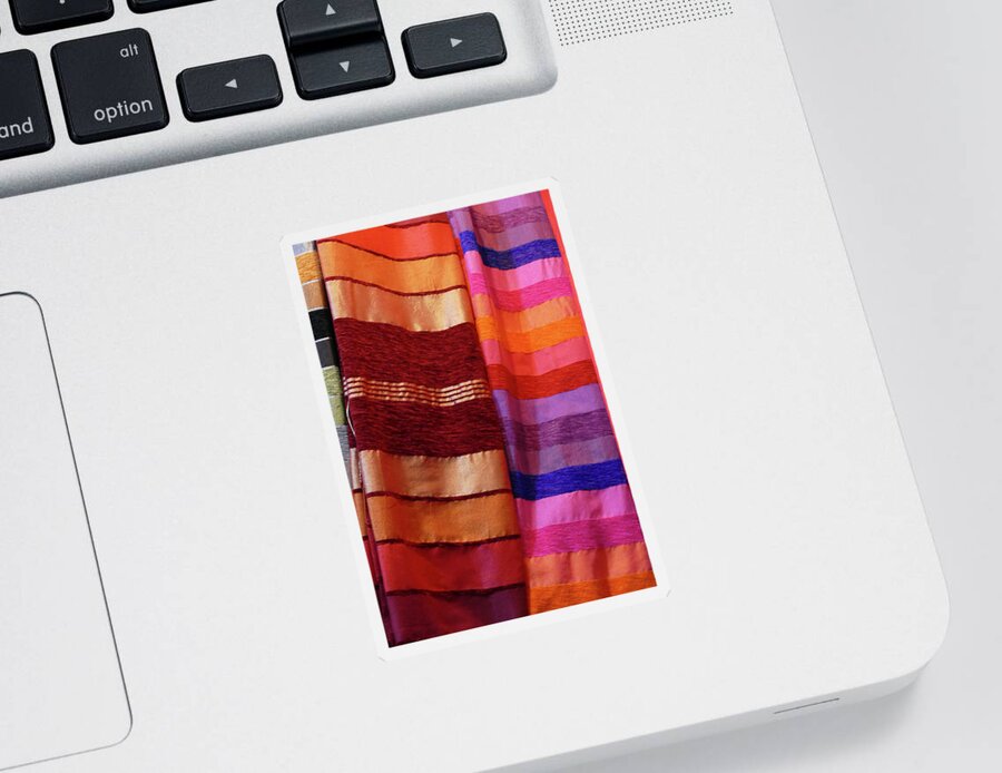Marrakech Sticker featuring the photograph Colorful fabrics in the medina market by Steve Estvanik