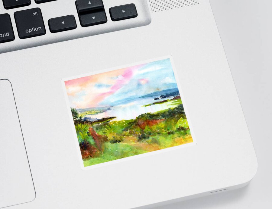 Landscape Sticker featuring the painting Colorful Lake Landscape - Arenal Costa Rica by Carlin Blahnik CarlinArtWatercolor