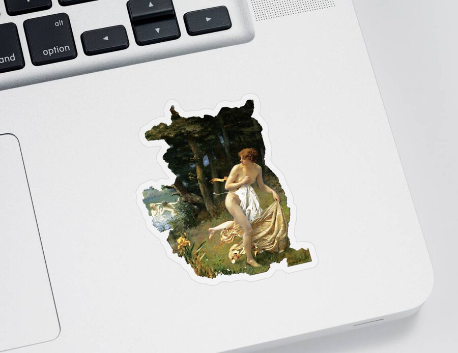 Diana's Maidens Sticker featuring the painting Dianas Maidens by Edward Robert Hughes by Rolando Burbon