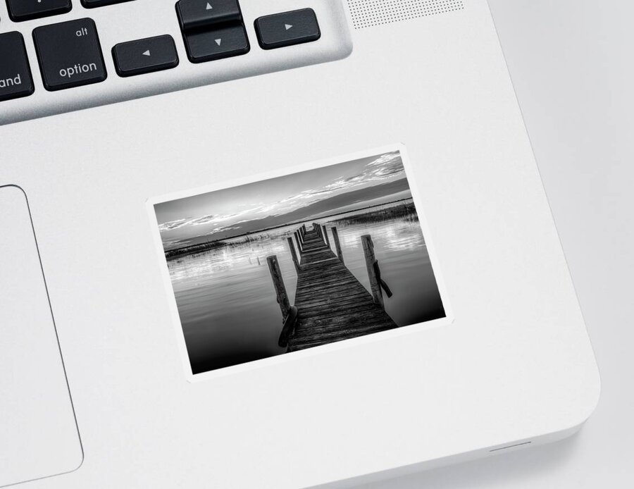 Clouds Sticker featuring the photograph Dock at Sunset in Black and White by Debra and Dave Vanderlaan