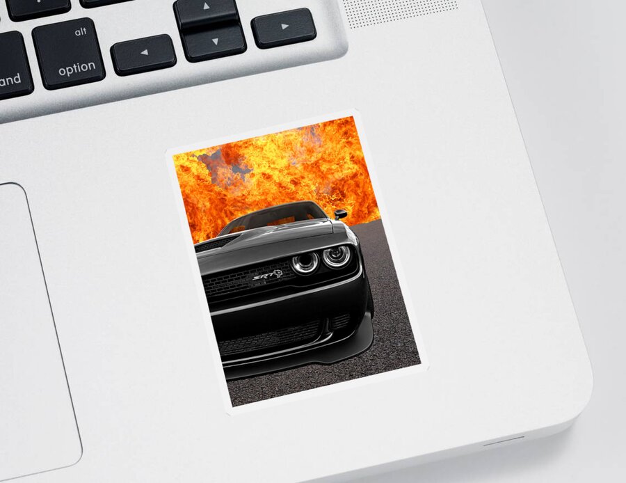 Dodge Sticker featuring the photograph Dodge Hellcat SRT With Flames by Gill Billington