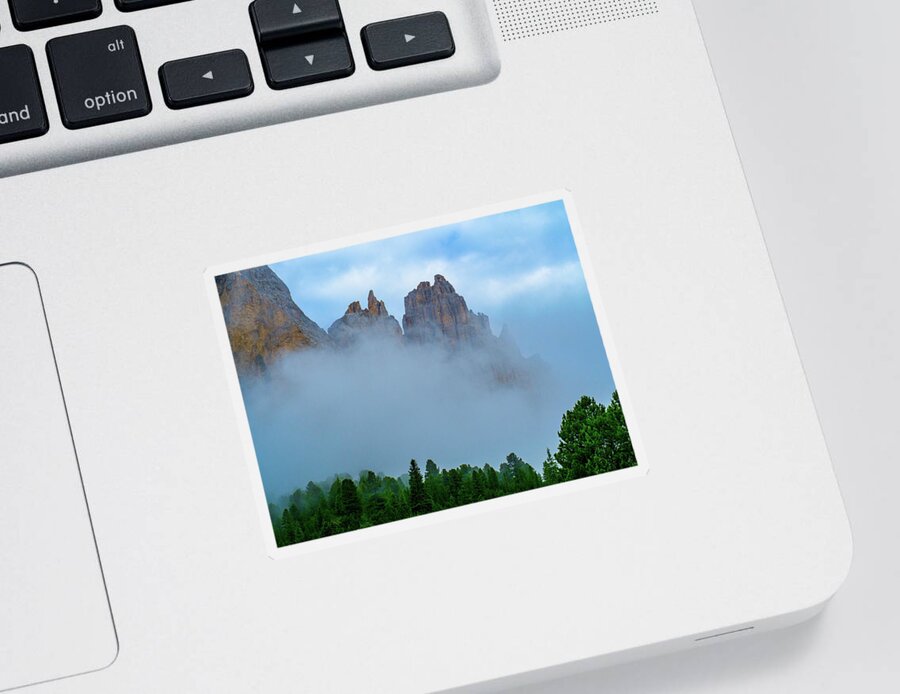 Mountains Sticker featuring the photograph Dolomite Spires in the morning mist by Leslie Struxness