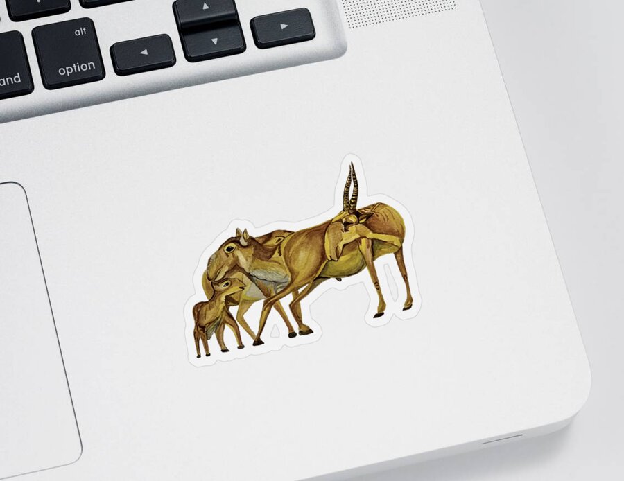 Saiga Sticker featuring the painting Family of Saiga Antelope by Maria Sibireva