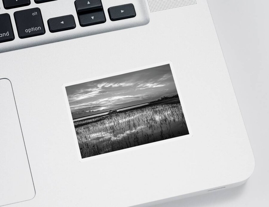 Boats Sticker featuring the photograph Fishing Boat at the Lake in Black and White by Debra and Dave Vanderlaan
