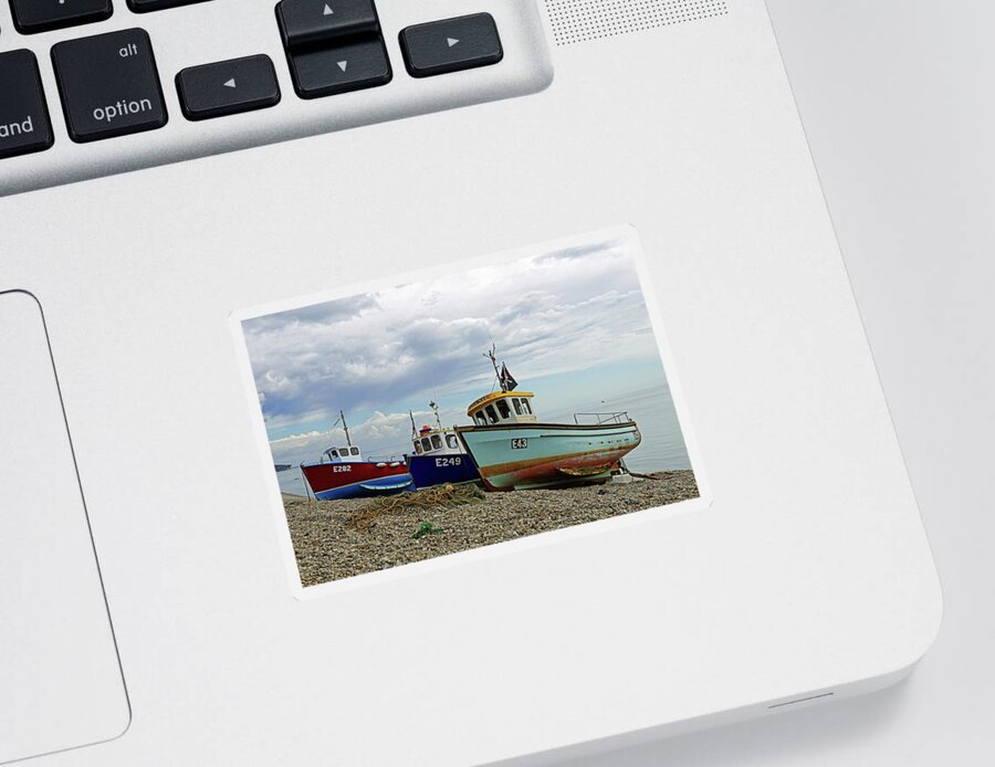 Britain Sticker featuring the photograph Fishing Boats And Net On Beer Beach by Rod Johnson