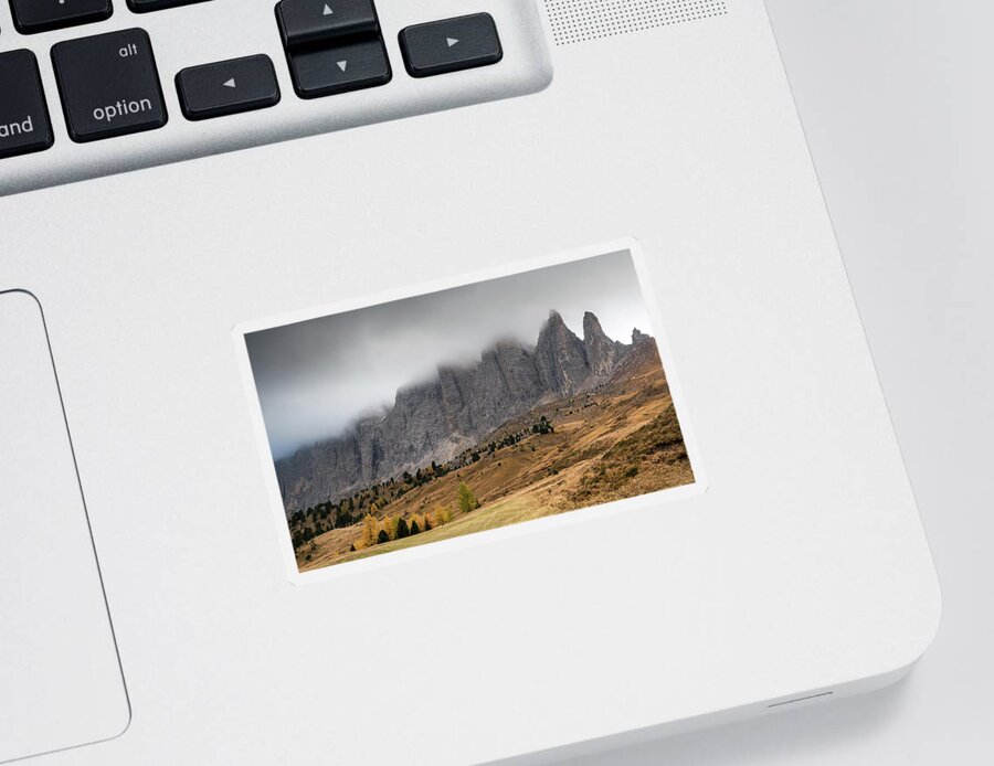 Mood Sticker featuring the photograph Foggy mountain landscape of the picturesque Dolomites mountains by Michalakis Ppalis