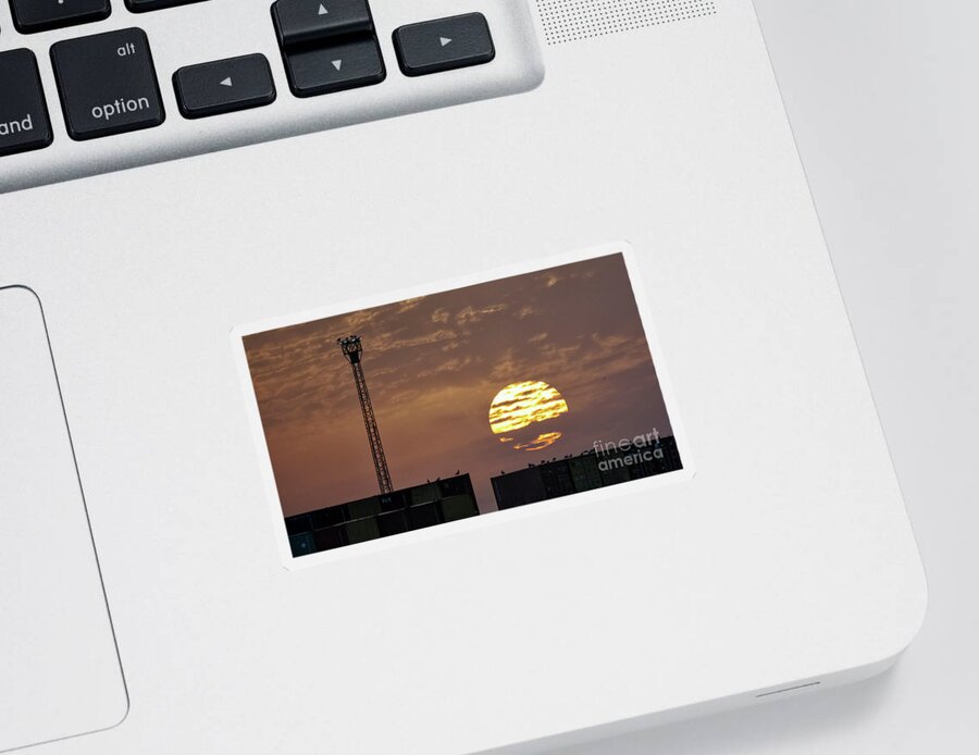 Bright Sticker featuring the photograph Giant Sun at Sunrise Cadiz Harbour by Pablo Avanzini