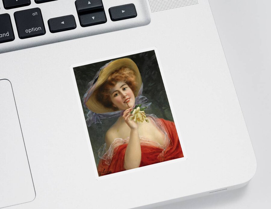 Emile Vernon Sticker featuring the painting Girl with Yellow Rose by Emile Vernon