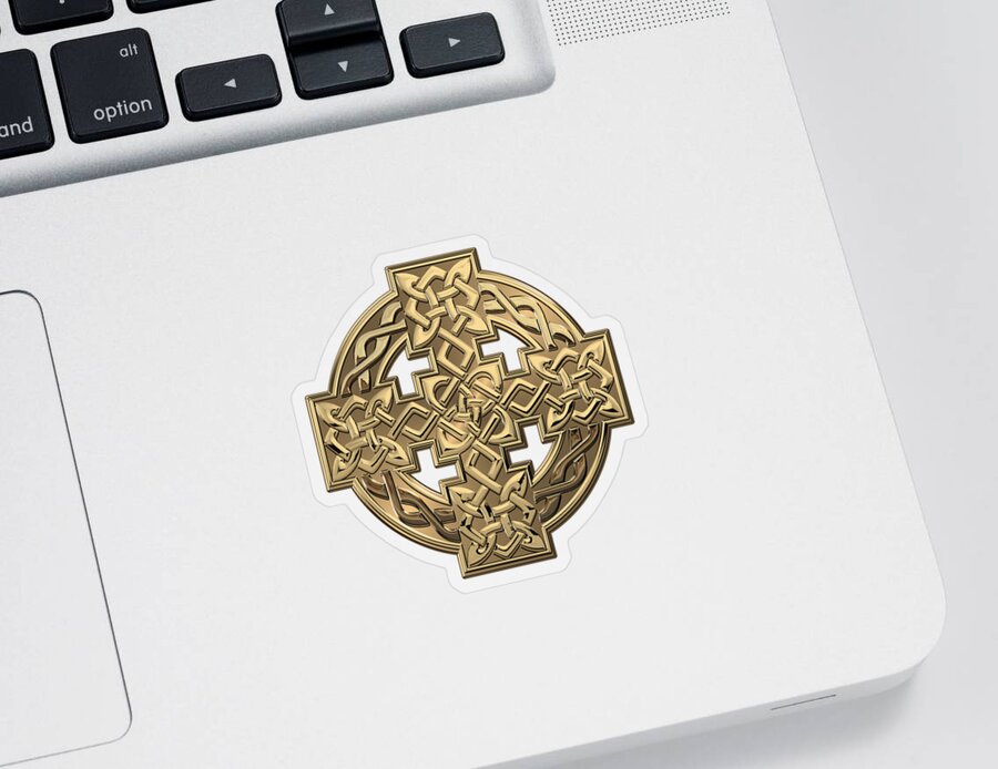 ‘celtic Treasures’ Collection By Serge Averbukh Sticker featuring the digital art Gold Celtic Knot Cross over White Leather by Serge Averbukh