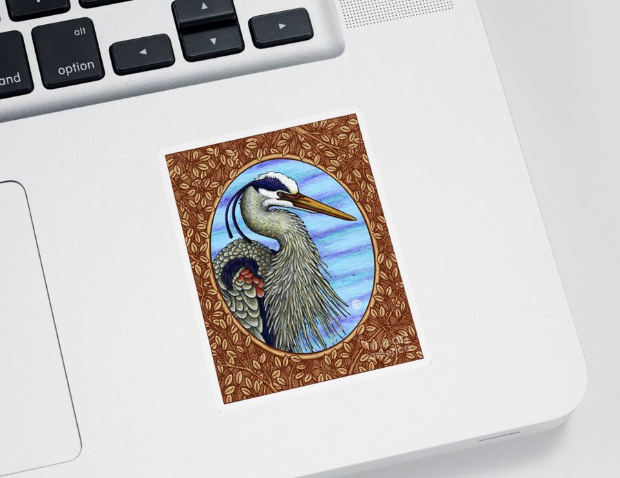 Animal Portrait Sticker featuring the painting Great Blue Heron Portrait - Brown Border by Amy E Fraser