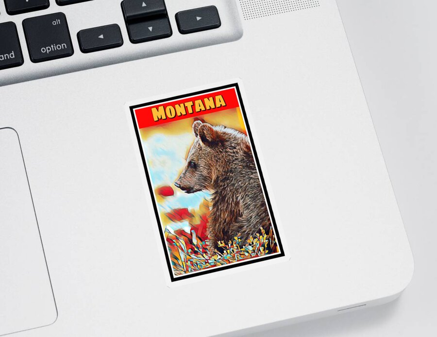 Wildlife Sticker featuring the digital art Grizzly Bear Art Montana Wildlife Travel Poster by Shelli Fitzpatrick