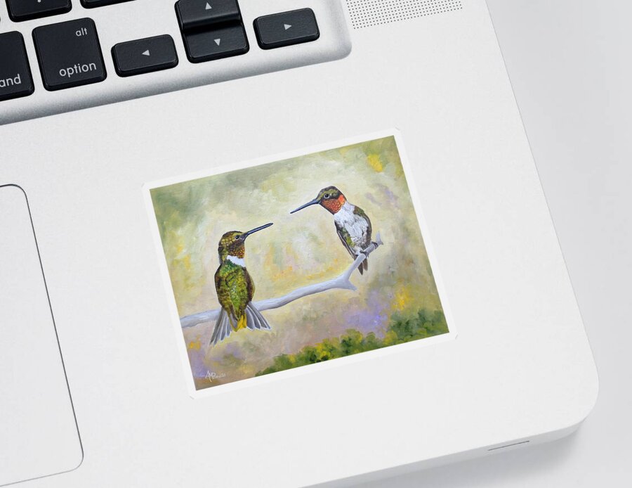 Hummingbirds Sticker featuring the painting Hanging Out Together by Angeles M Pomata