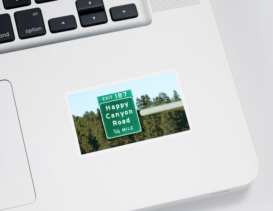 Exit Sticker featuring the photograph Highway Sign for Happy Canyon Road by Marilyn Hunt