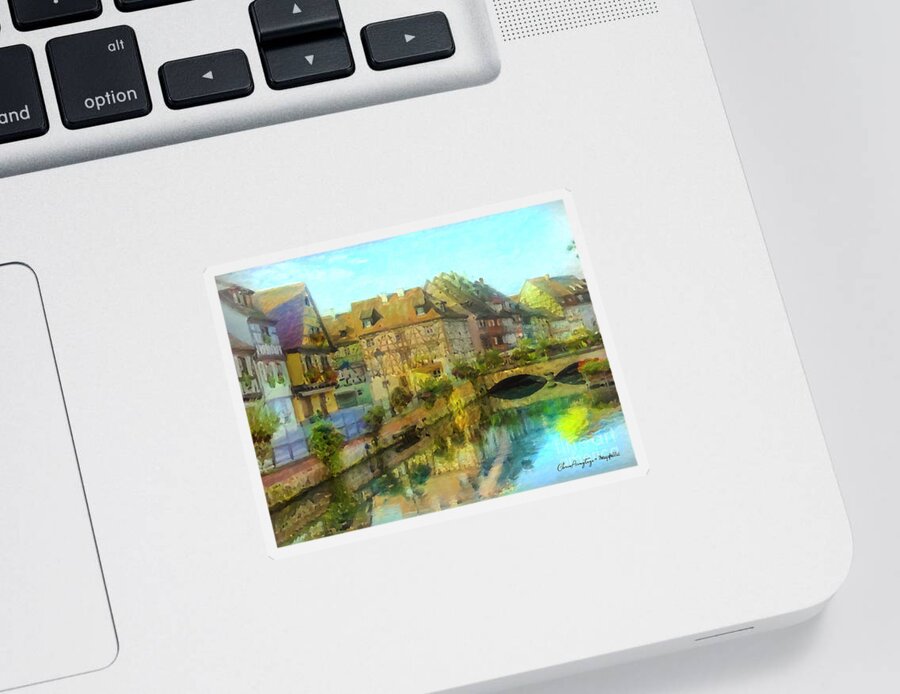 Vintage Sticker featuring the painting Historic Village on the Rhine by Chris Armytage