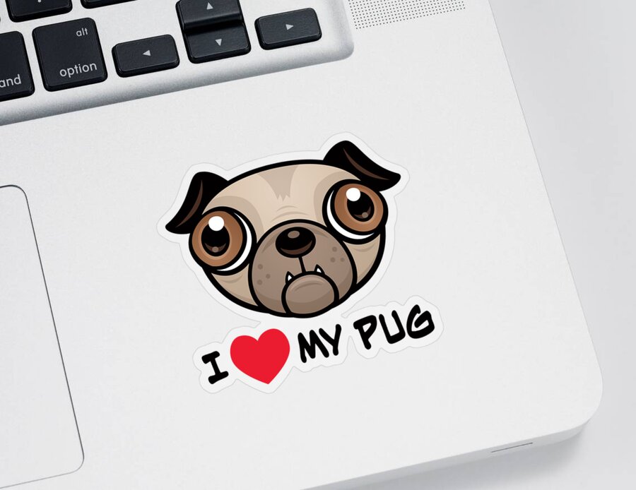 Brown Sticker featuring the digital art I Love My Pug by John Schwegel