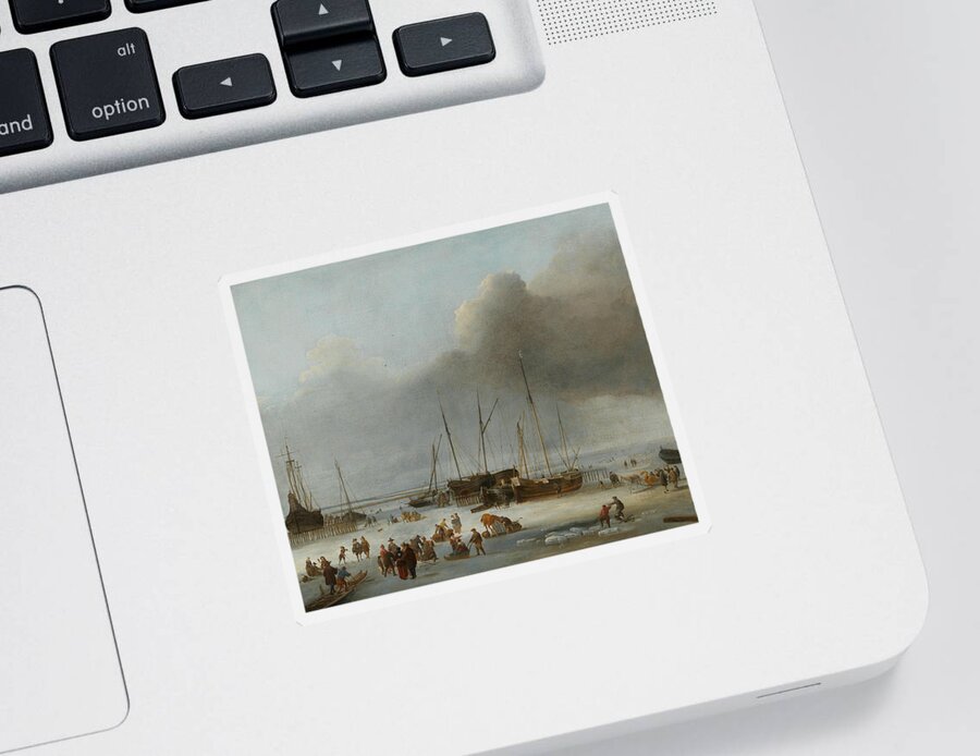 17th Century Art Sticker featuring the painting Ice-Skating on the Eastern Docks of Amsterdam by Hendrick Dubbels