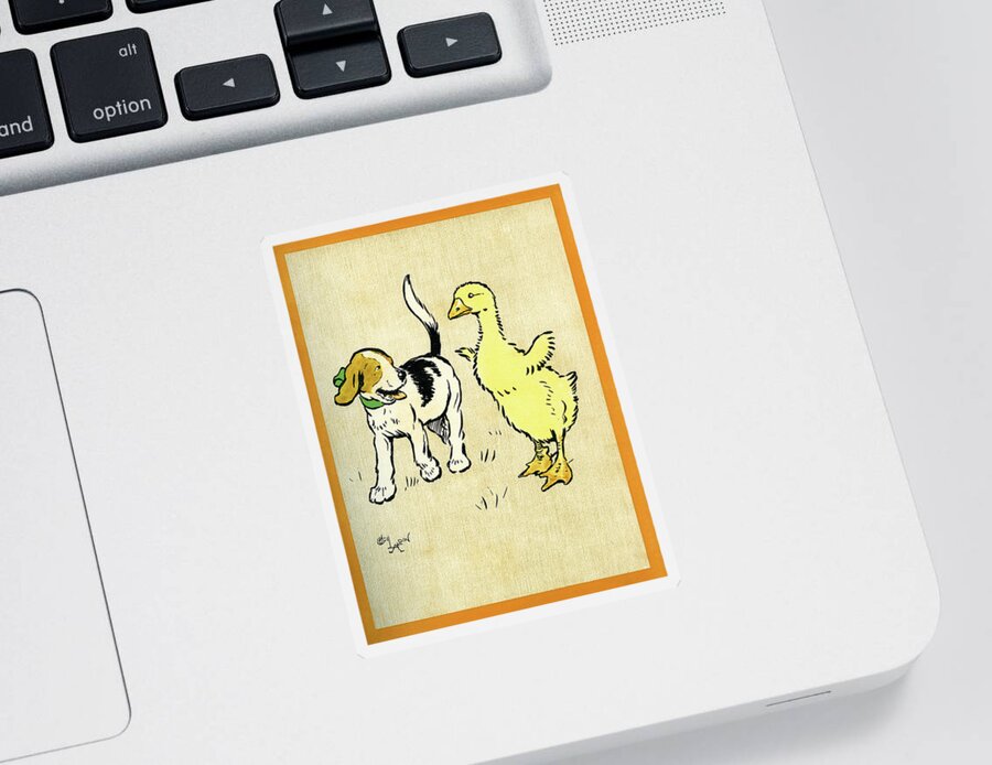 Puppy Sticker featuring the mixed media Illustration of puppy and gosling by Cecil Aldin
