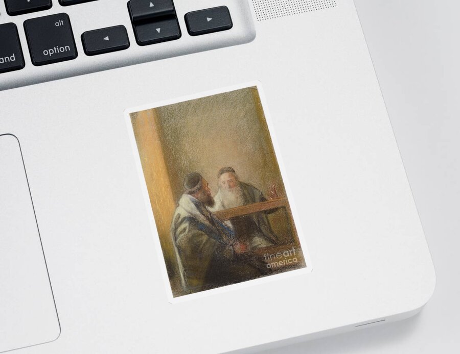Rabbi Sticker featuring the painting Interior With Two Rabbis Pastel by William Rothenstein