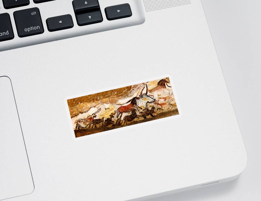 Lascaux Sticker featuring the digital art Lascaux Hall of the Bulls - Running from the Hunters by Weston Westmoreland