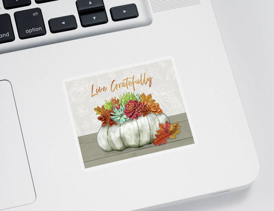 Live Gratefully Sticker featuring the painting Live Gratefully Succulent Gray Pumpkin Arrangement by Jen Montgomery by Jen Montgomery