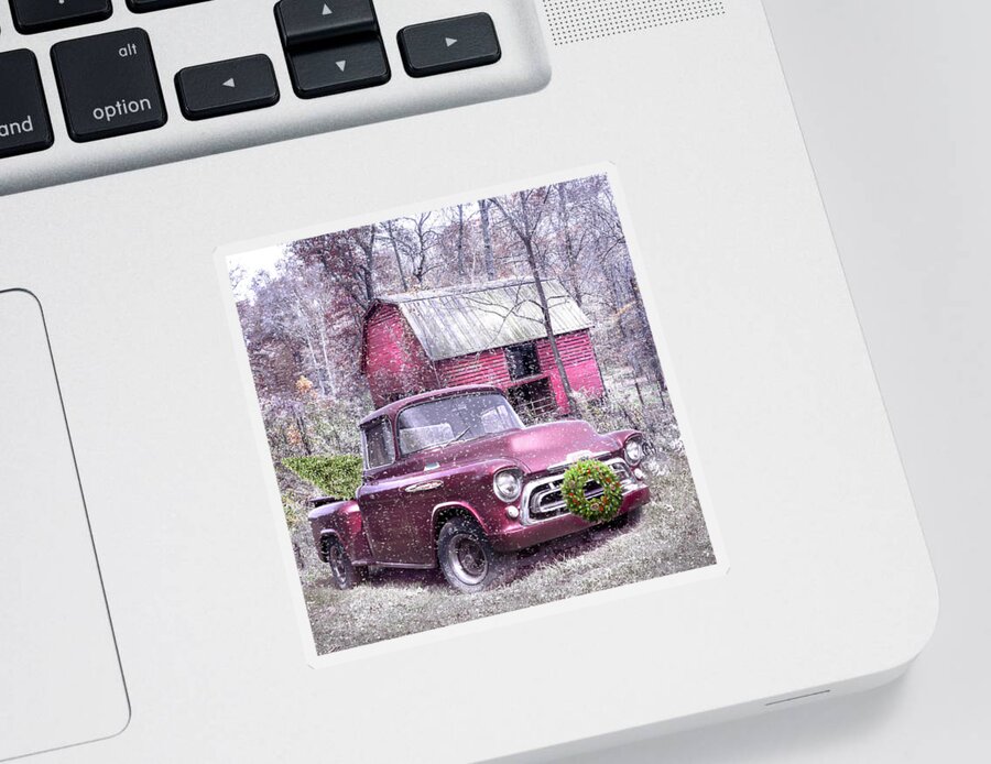1957 Sticker featuring the photograph Love that Red 1957 Chevy Truck in the Snow by Debra and Dave Vanderlaan