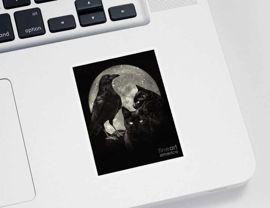 Black Cats Sticker featuring the photograph Magick Black Cats Raven and Moon by Stephanie Laird