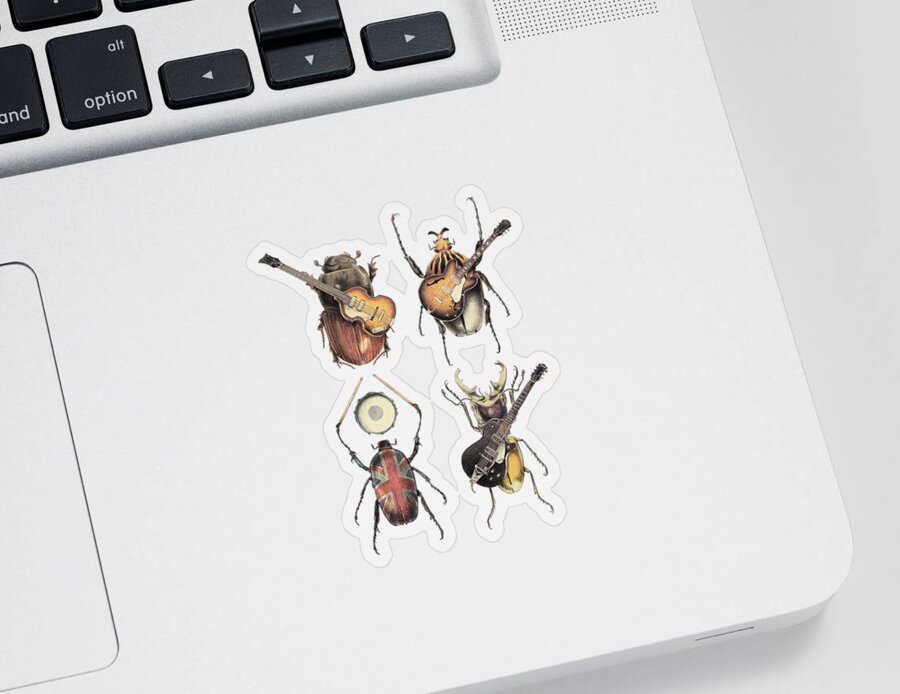 Beetles Insects Pop Music Music Rock And Roll Guitars Drums Epiphone Bass Retro 1960s British Brit Pop British Invasion Entomology Classic Union Jack Funny Electric Guitars Parody Clever Sticker featuring the digital art Meet the Beetles by Eric Fan