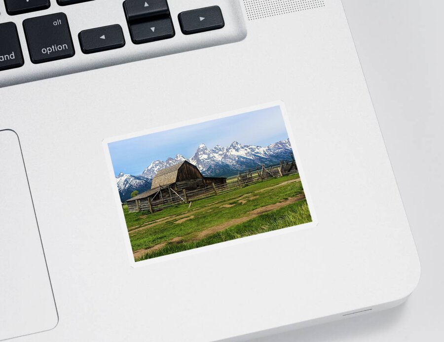 Grand Teton National Park Sticker featuring the photograph Barn And Mountains by Jordan Hill
