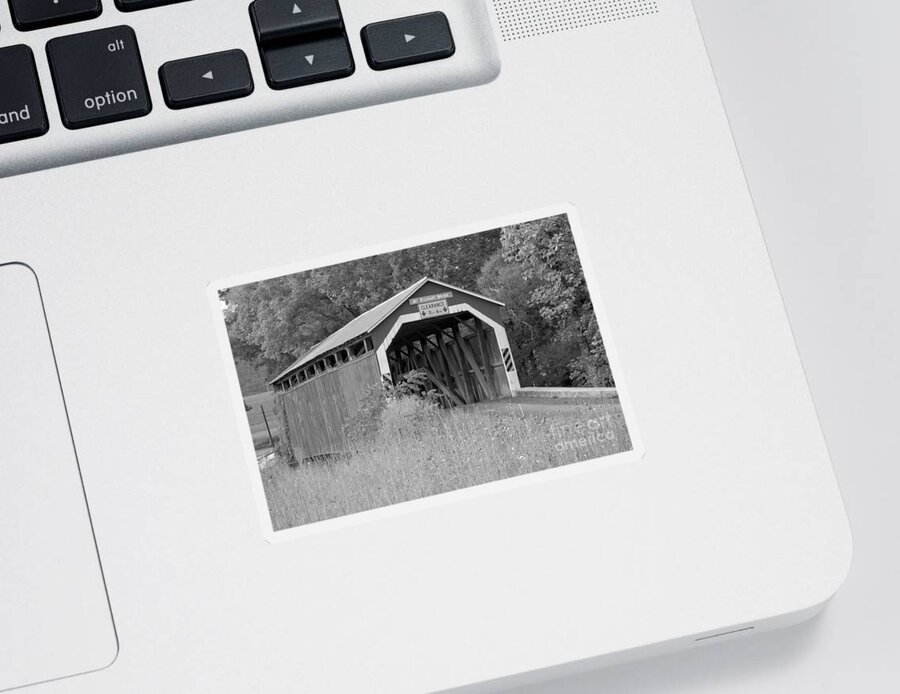 Mt Pleasant Covered Bridge Sticker featuring the photograph Mt. Pleasant Covere Bridge Through The Grass Black And White by Adam Jewell