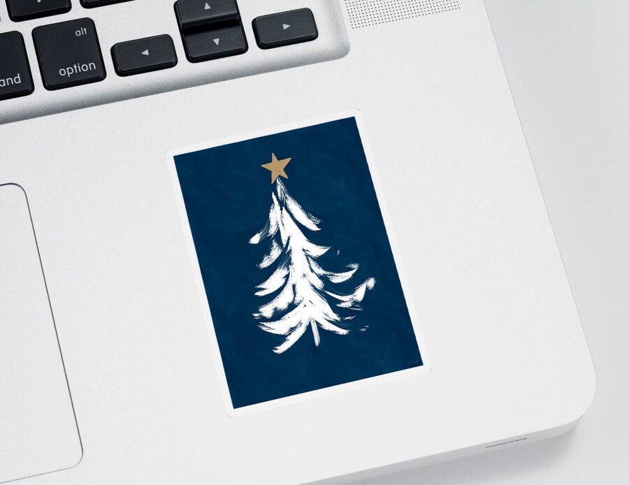 Christmas Sticker featuring the mixed media Navy and White Christmas Tree 1- Art by Linda Woods by Linda Woods