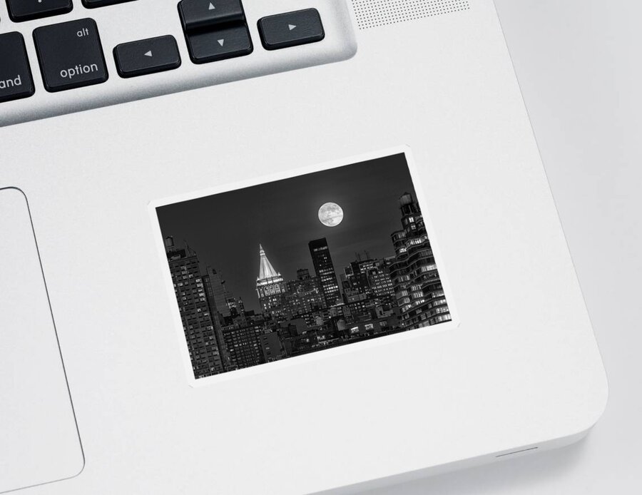 Nyc Skyline Sticker featuring the photograph NY Life Building Full Moon BW by Susan Candelario