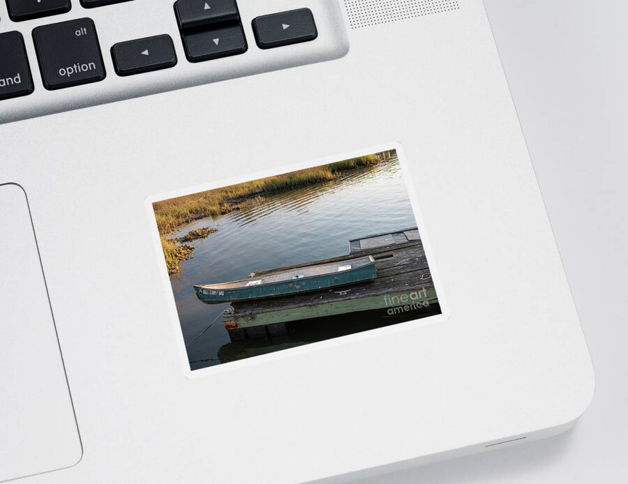 Canoe Sticker featuring the photograph Old Canoe on Dock in Shem Creek by Dale Powell